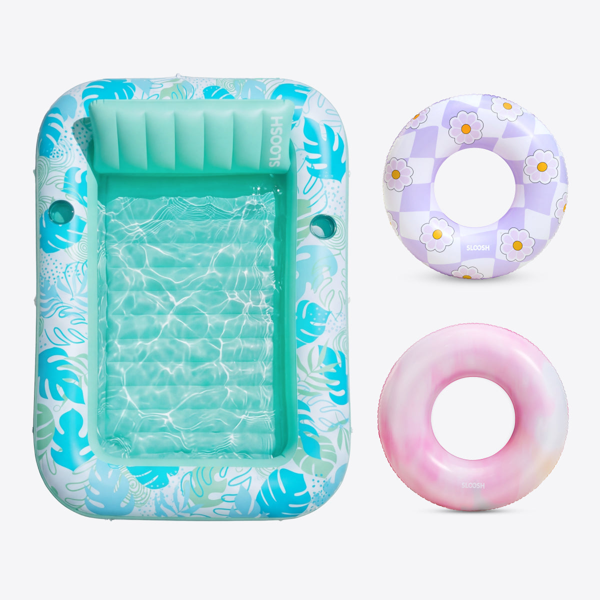 SLOOSH Cyan White 85" Tanning Pool with 2 Swim Rings Best Friend Choice Bundle