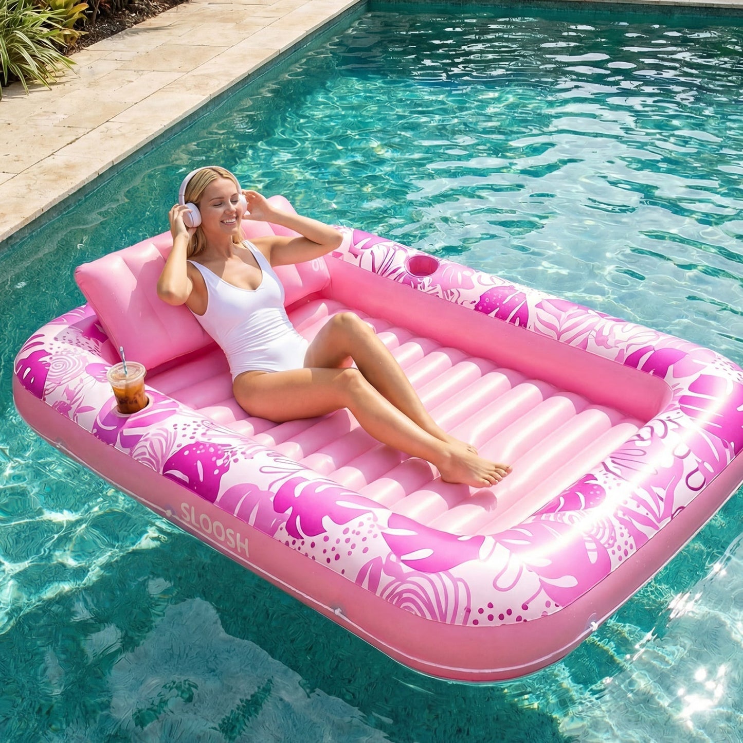SLOOSH Inflatable Tanning Pool Lounger Float, Oatmeal White XL, 85" x 57"
