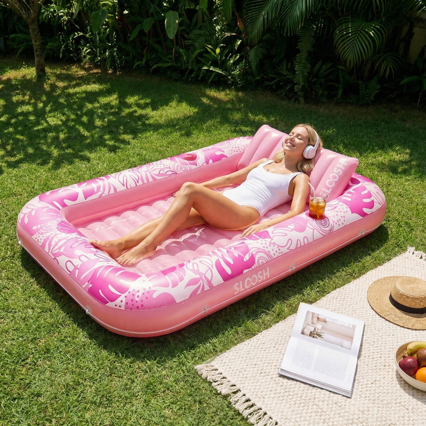 SLOOSH Inflatable Tanning Pool Lounger Float, Purple Chase Flower Bloom State, 70" x 46"