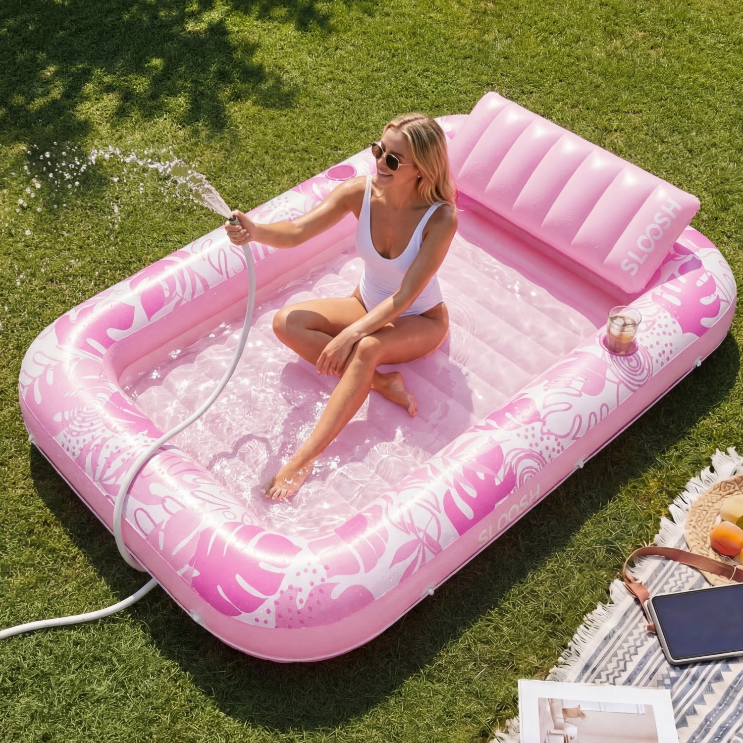 Blushing Pink 85" Tanning Pool with Float Chair Best Friend Choice Bundle