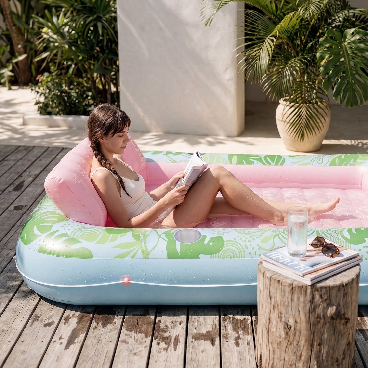 Cyan Pink 85" Tanning Pool with Float Hammock Best Friend Choice Bundle