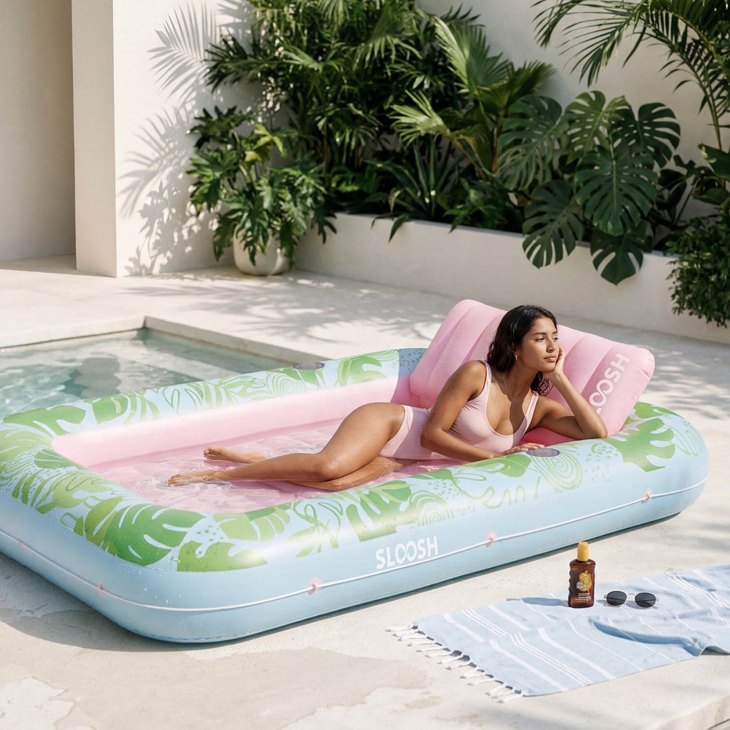 SLOOSH Inflatable Tanning Pool Lounger Float, Oatmeal White XL, 85" x 57"