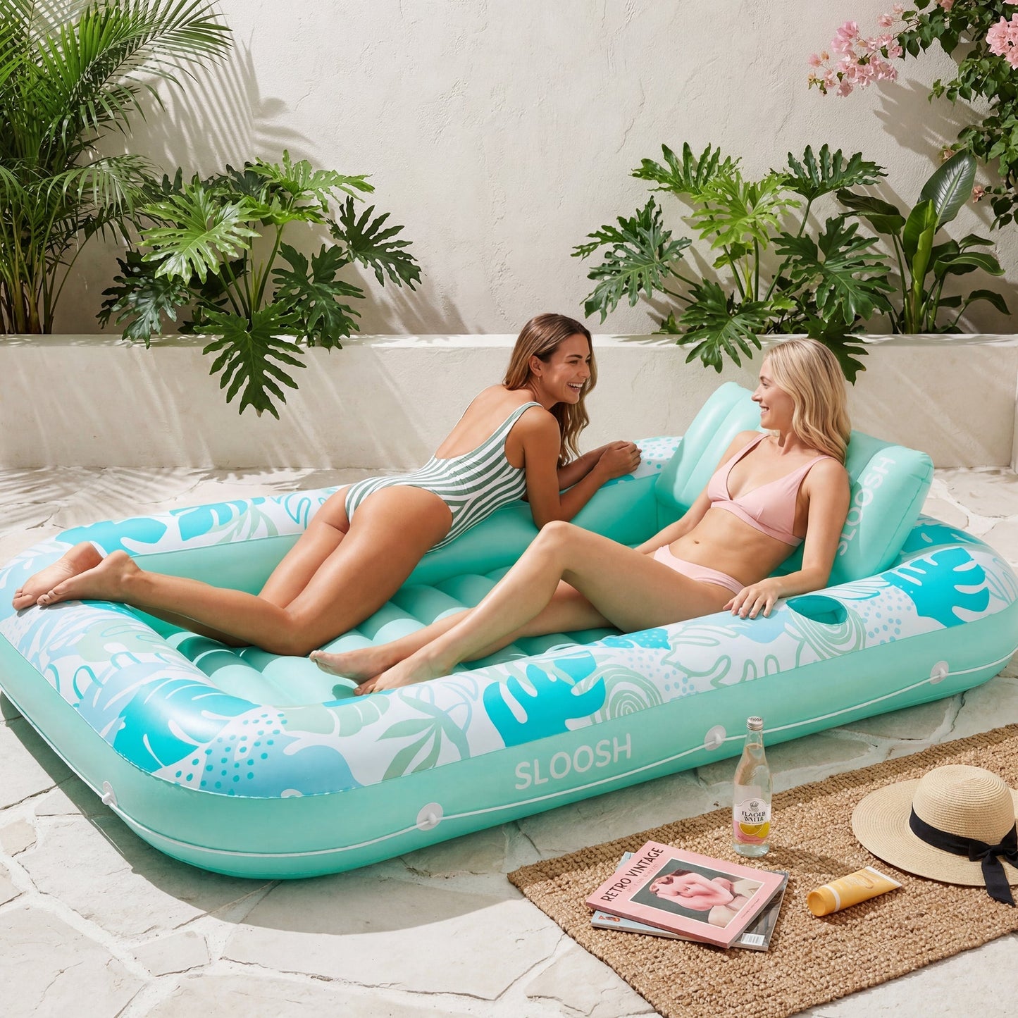 SLOOSH Inflatable Tanning Pool Lounger Float – XL 85"x57" , Cyan White