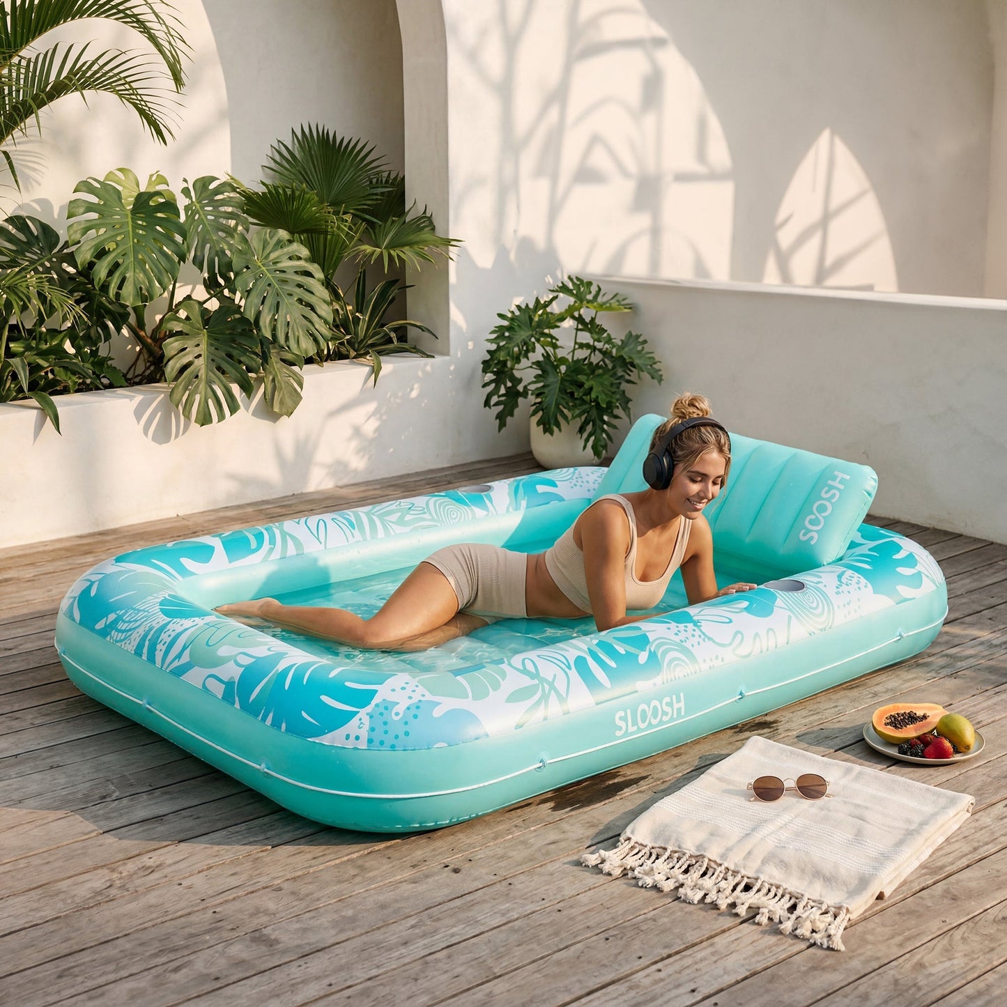 SLOOSH Inflatable Tanning Pool Lounger Float – XL 85"x57" , Cyan White