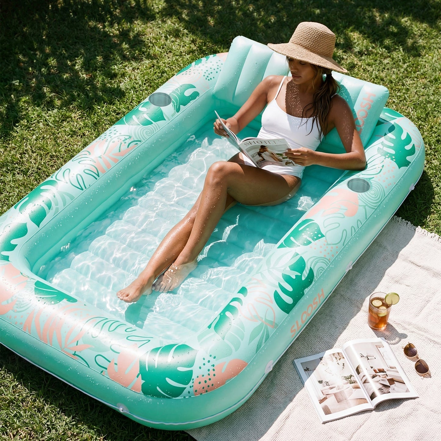 SLOOSH Inflatable Tanning Pool Lounger Float, Blue Checker, 70" x 46"