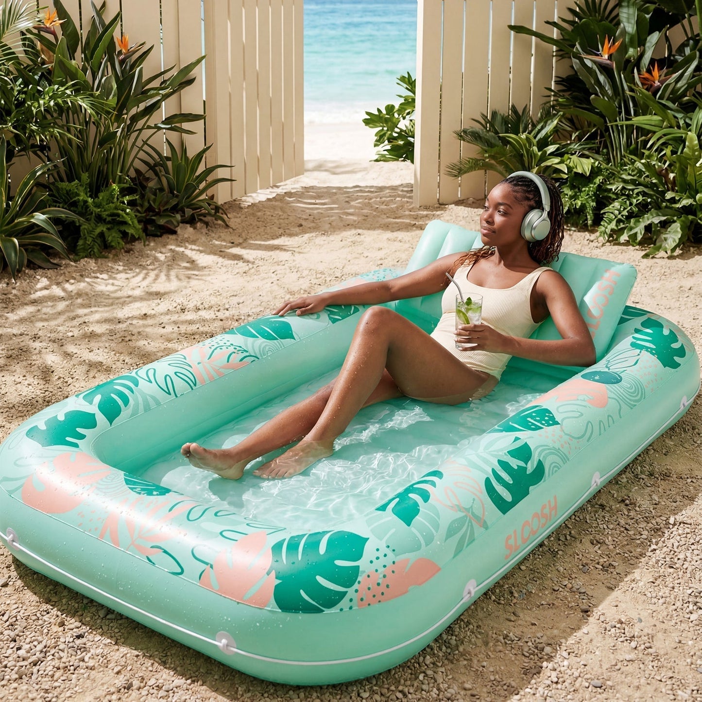 SLOOSH Inflatable Tanning Pool Lounger Float, Pink Marble, 70" x 46"