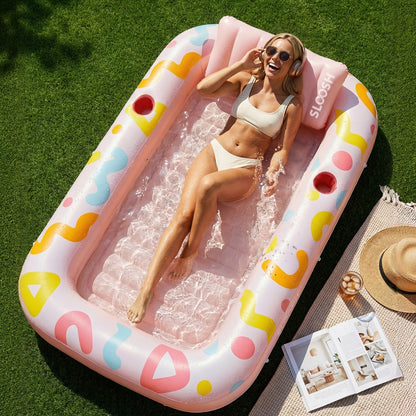SLOOSH Inflatable Tanning Pool Lounger Float, Pink Doodle, 70" x 46"